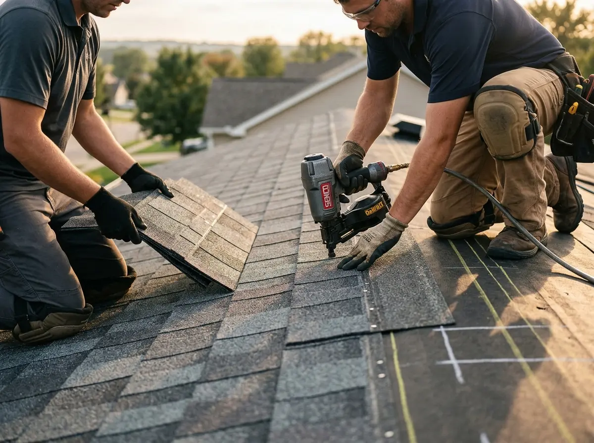Professional roofer working on a residential roof in Chesterton